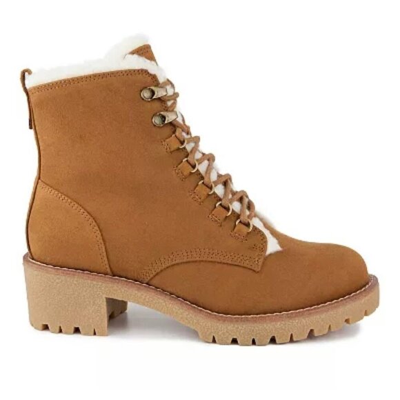 SUGAR QUIZZER Women's Block Heel Shearling Combat Boot Cognac Size 11 - Picture 2 of 9